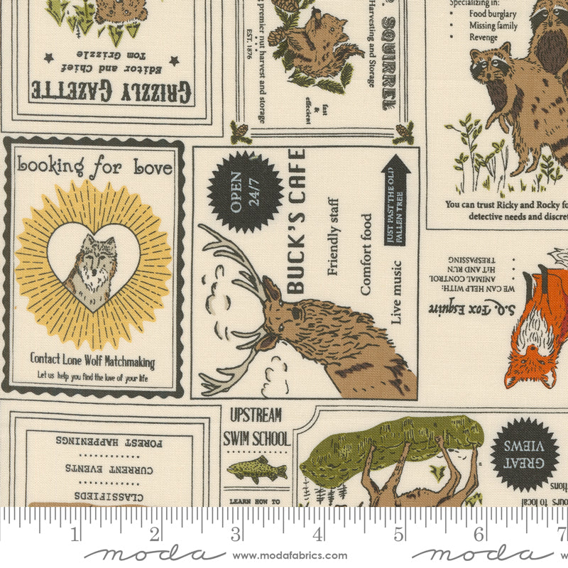 The Great Outdoors Vintage Forest Advertising in Cloud by Stacy Iest Hsu for Moda / 20881 11 / Half yard continuous cut