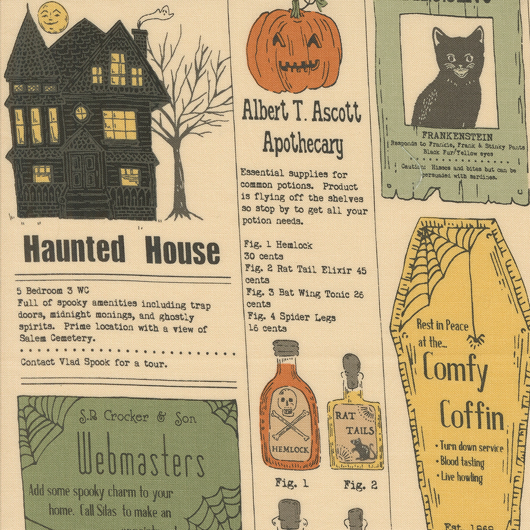 Home Sweet Haunt Vintage Newspaper Bone Fabric Yardage by Stacy Iest Hsu / 320910 11 / half yard continuous cut