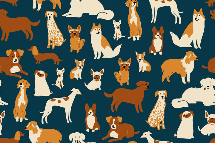 Dog Park Teal Navy Dog Medley Fabric by Sarah Watts for Ruby Star Society / RS2094 13 / Half yard continuous cut