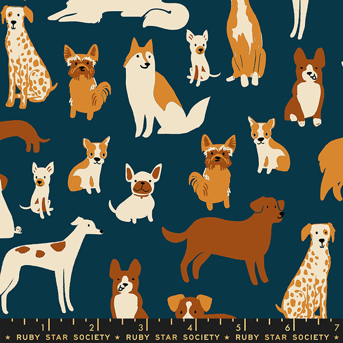 Dog Park Teal Navy Dog Medley Fabric by Sarah Watts for Ruby Star Society / RS2094 13 / Half yard continuous cut