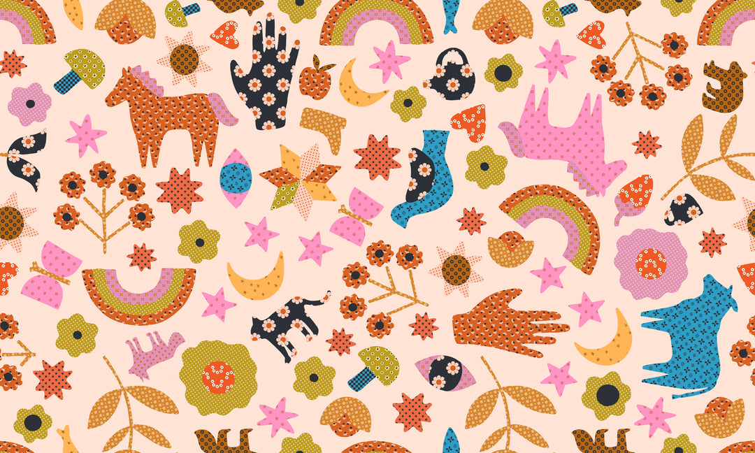 Meadow Star Peach Applique Menagerie Fabric by Alexia Marcelle Abegg for Ruby Star Society / RS4097 14 / Half yard continuous cut