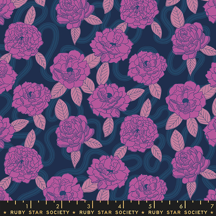 Verbena Navy Peonies Fabric by Jen Hewett for Ruby Star Society / RS6031 13 / Half yard continuous cut