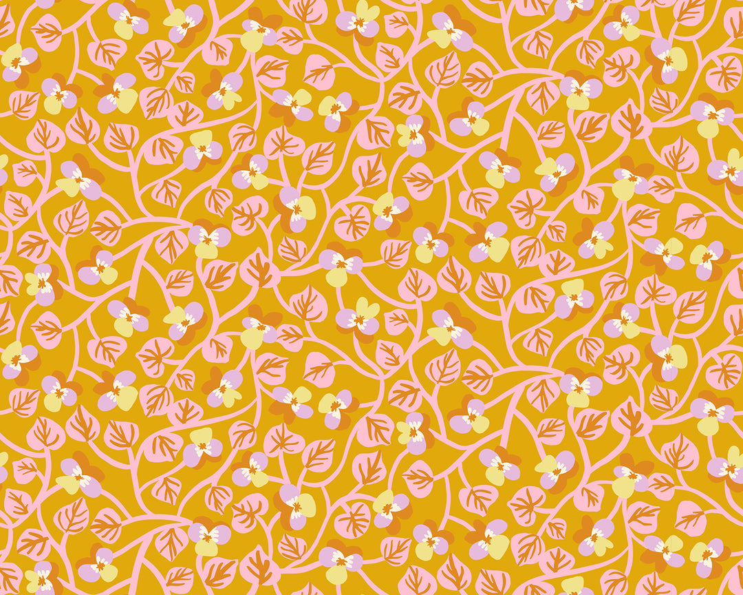 Bird is the Word Goldenrod Pansy Fabric by Kimberly Kight for Ruby Star Society / RS3079 13 / Half yard continuous cut