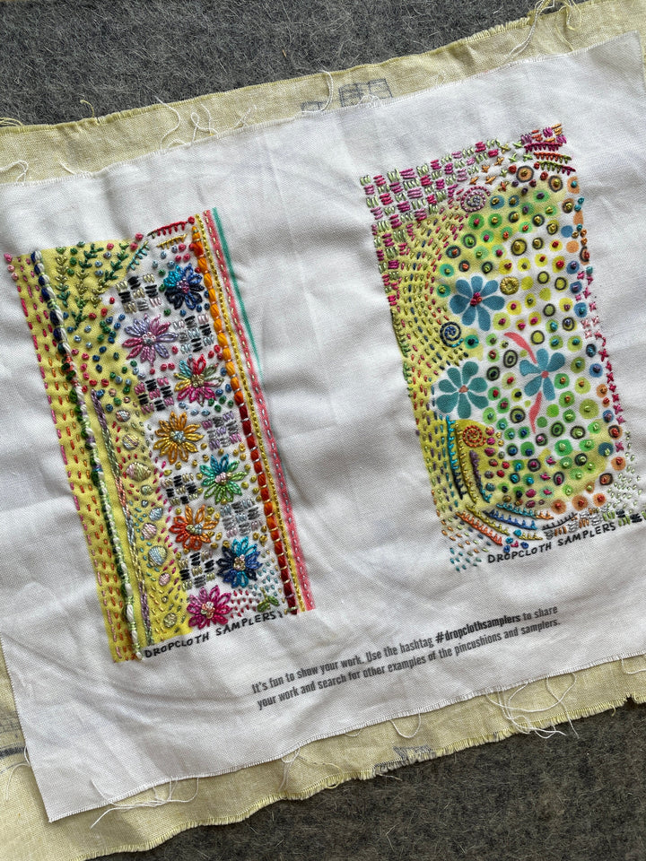 Pincushions Project Dropcloth Sampler embroidery sampler preprinted