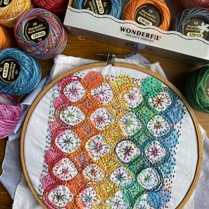 Yo Yo Rainbow Dropcloth Sampler embroidery sampler preprinted