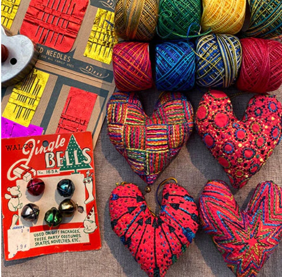 Heart Ornaments Project Dropcloth Sampler embroidery sampler preprinted