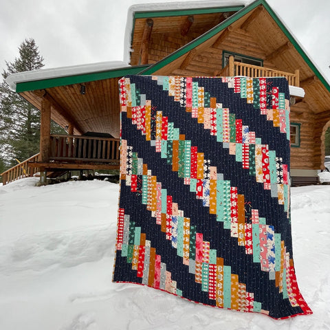 Luna quilt in snow in front of cabin